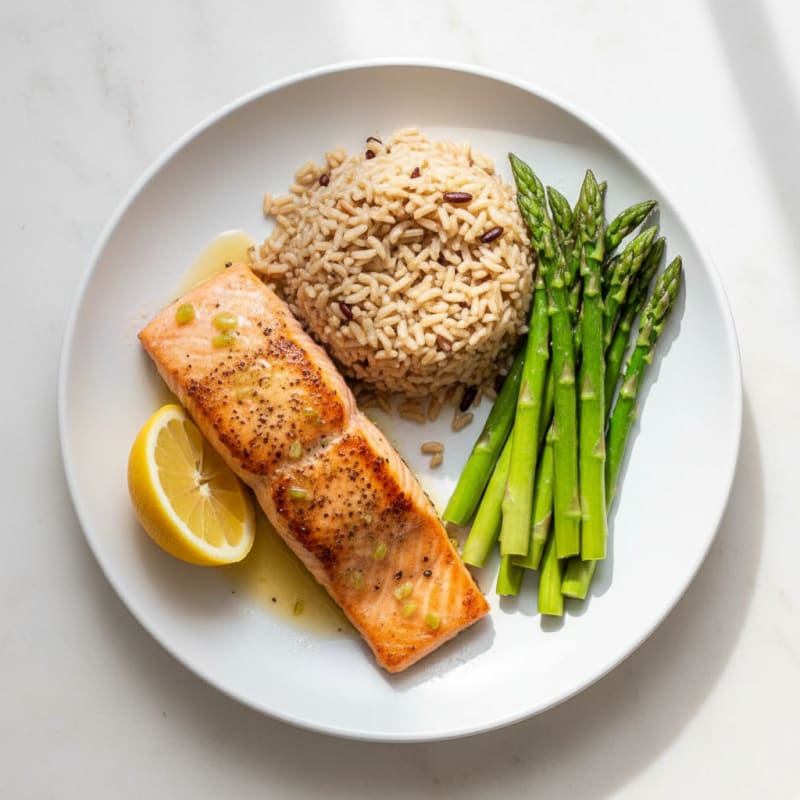 Seared Salmon Fillet with Steamed Asparagus and Brown Rice