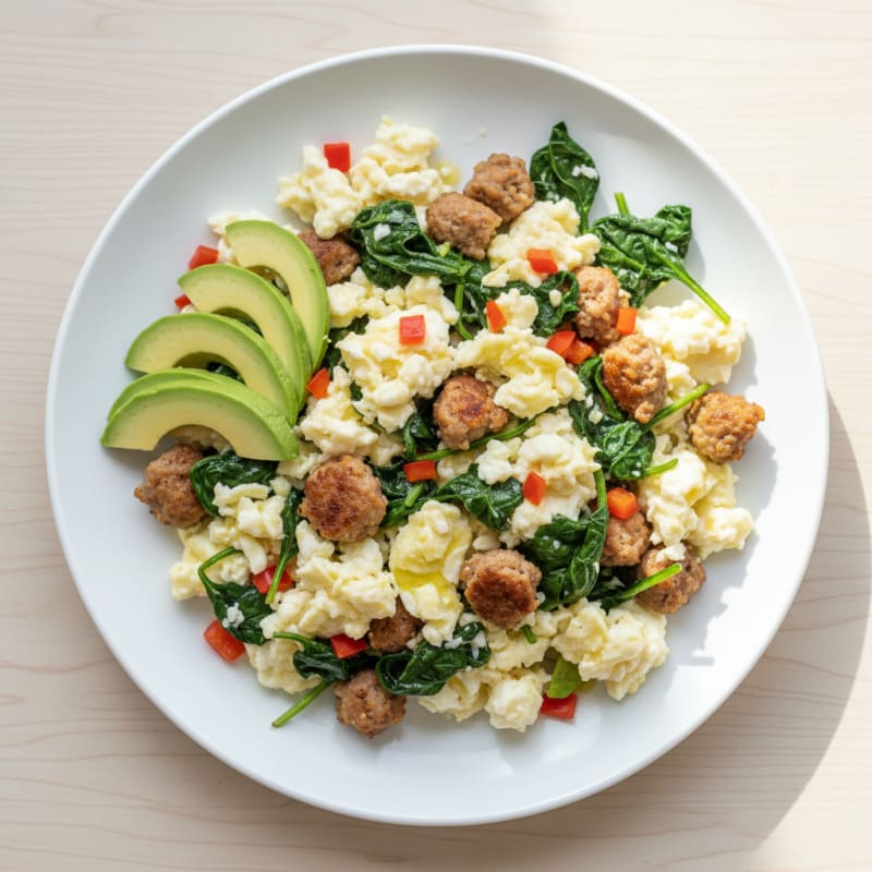 Egg White and Turkey Sausage Scramble with Sautéed Spinach