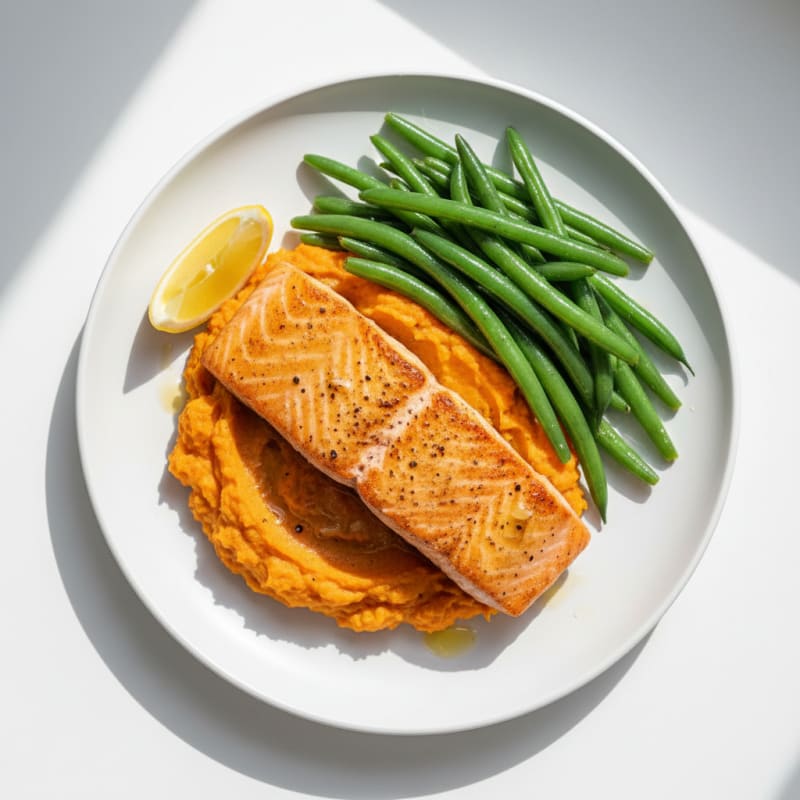 Seared Salmon Fillet with Steamed Green Beans and Sweet Potato Mash