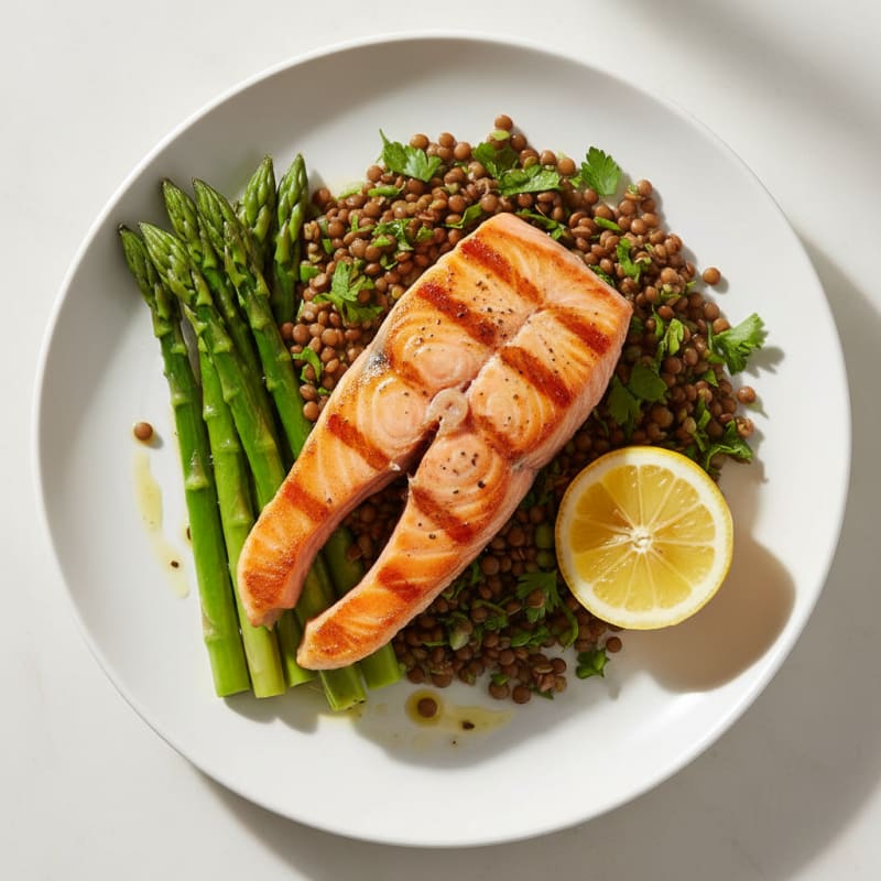 Seared Salmon Fillet with Lentil Salad and Steamed Asparagus