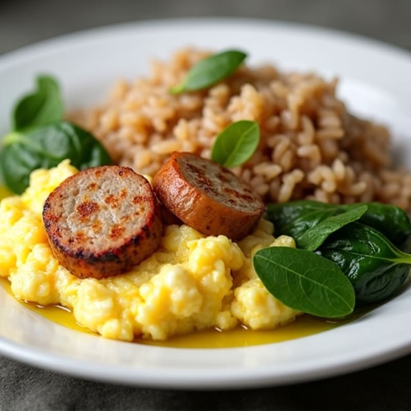 Egg White Scramble with Chicken Sausage and Spinach