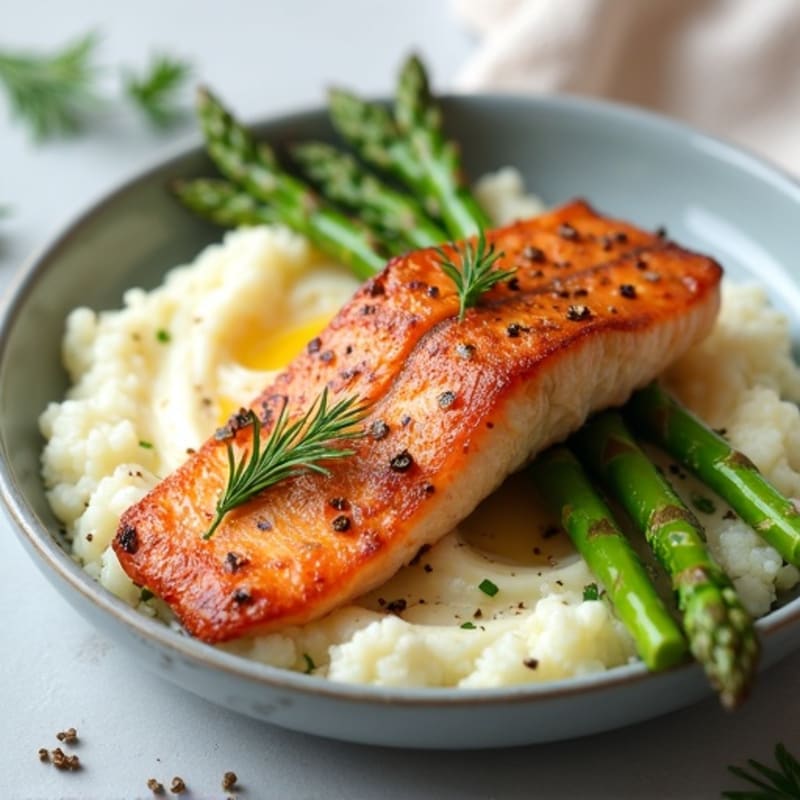 Seared Salmon with Steamed Asparagus and Cauliflower Mash