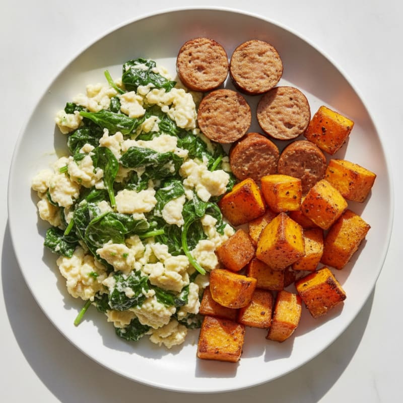Egg White and Spinach Scramble with Turkey Sausage and Roasted Sweet Potatoes