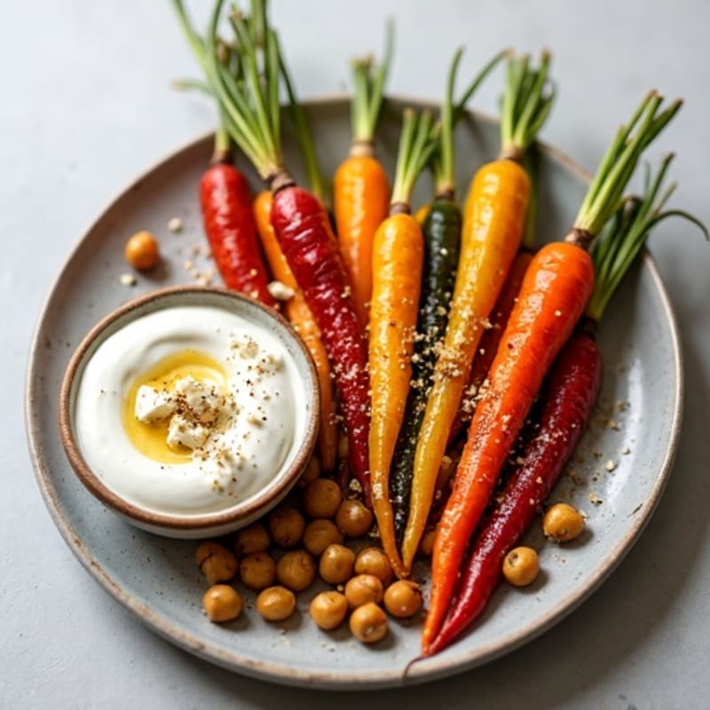 Honey-Maple Roasted Rainbow Carrots with Chickpeas & Lemon Garlic Greek Yogurt Dip