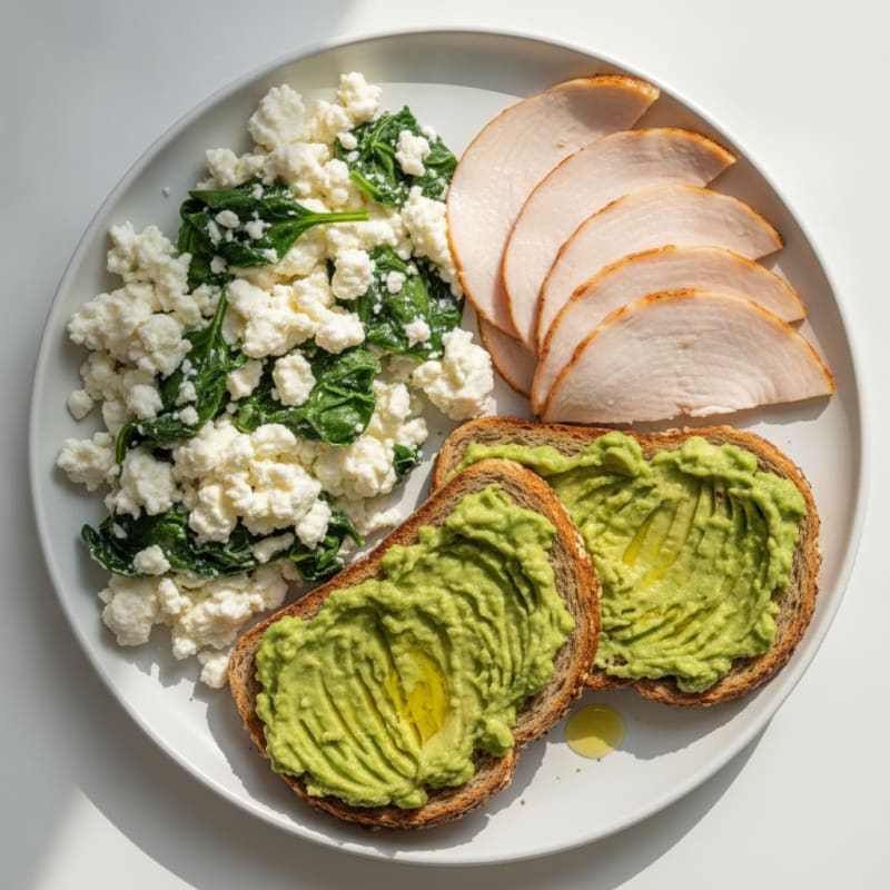 Egg White and Spinach Scramble with Cottage Cheese and Sliced Turkey