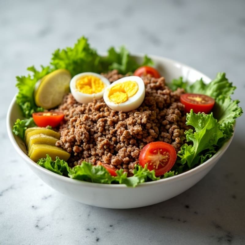 Lean Ground Beef Crispy Salad with Tangy Dressing and Pickles