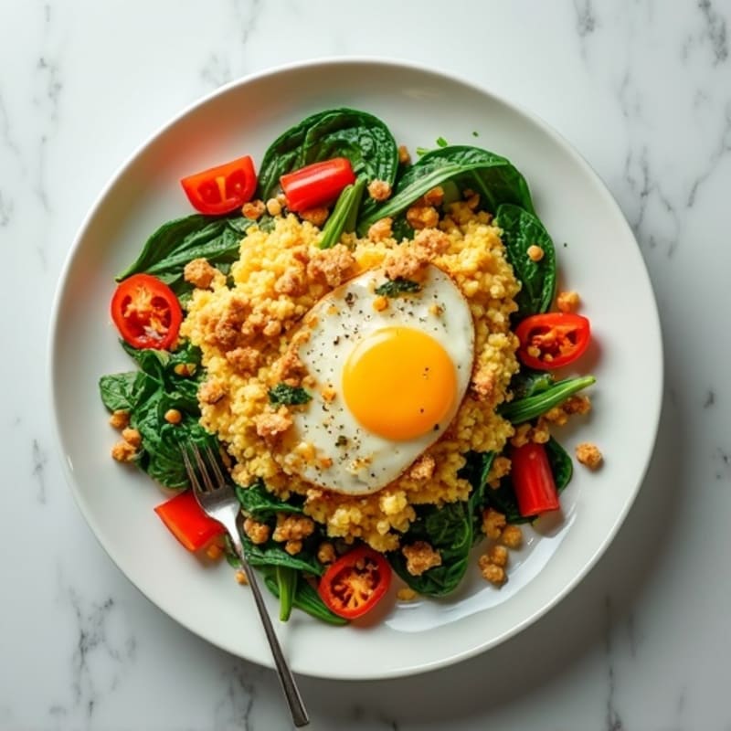 Egg White Vegetable Scramble with Sautéed Spinach and Ground Chicken
