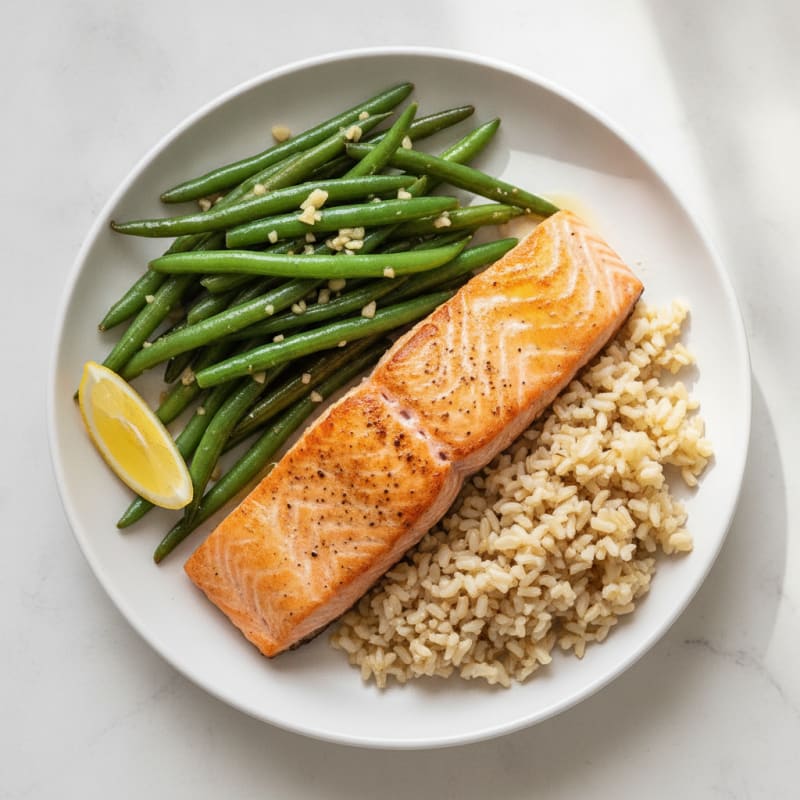 Seared Salmon Fillet with Garlic Green Beans and Brown Rice