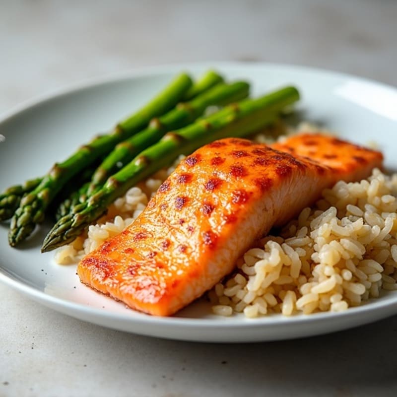 Seared Salmon with Steamed Asparagus and Brown Rice