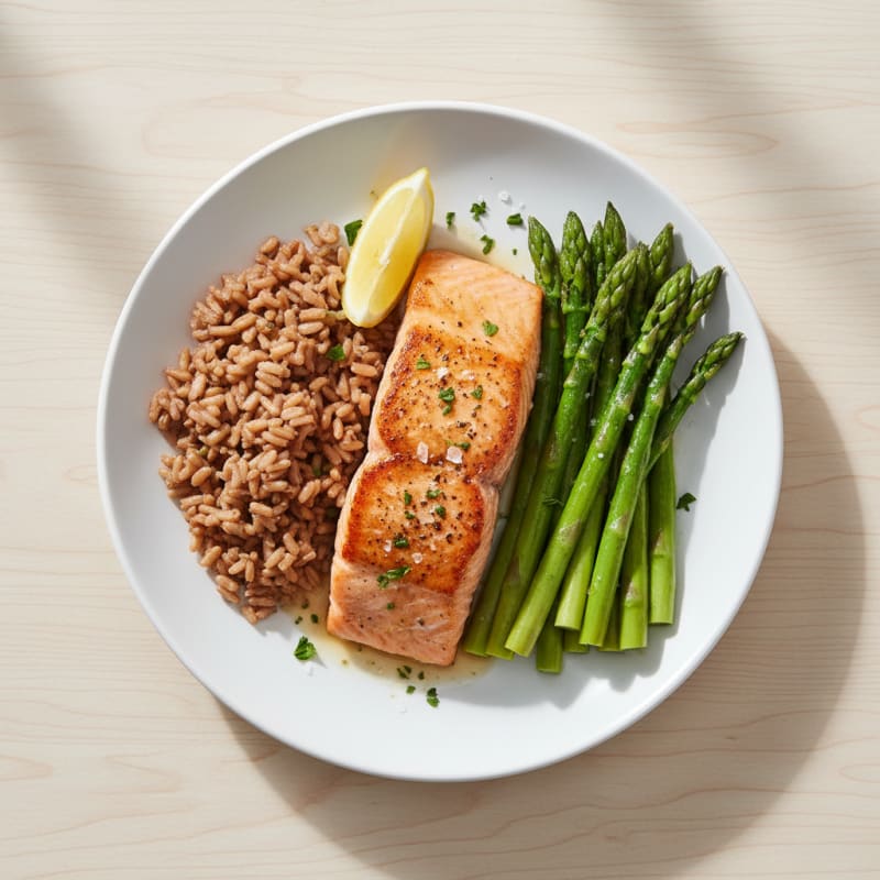 Seared Salmon with Steamed Asparagus and Brown Rice