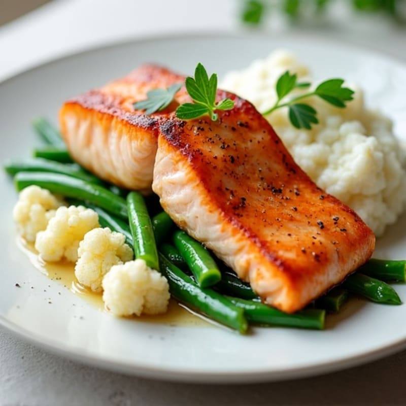 Seared Salmon Fillet with Steamed Green Beans and Garlic Mashed Cauliflower