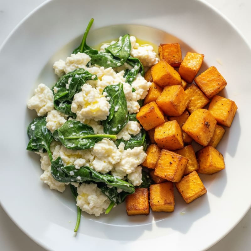 Egg White and Cottage Cheese Scramble with Spinach and Roasted Sweet Potato