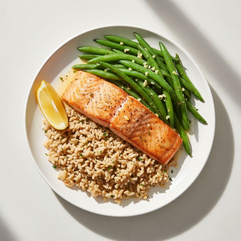 Seared Salmon with Garlic Green Beans and Brown Rice