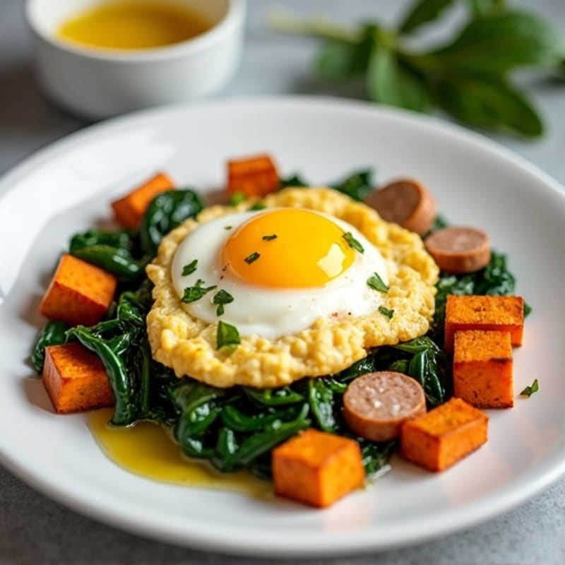 Egg White and Turkey Sausage Scramble with Spinach and Roasted Sweet Potato