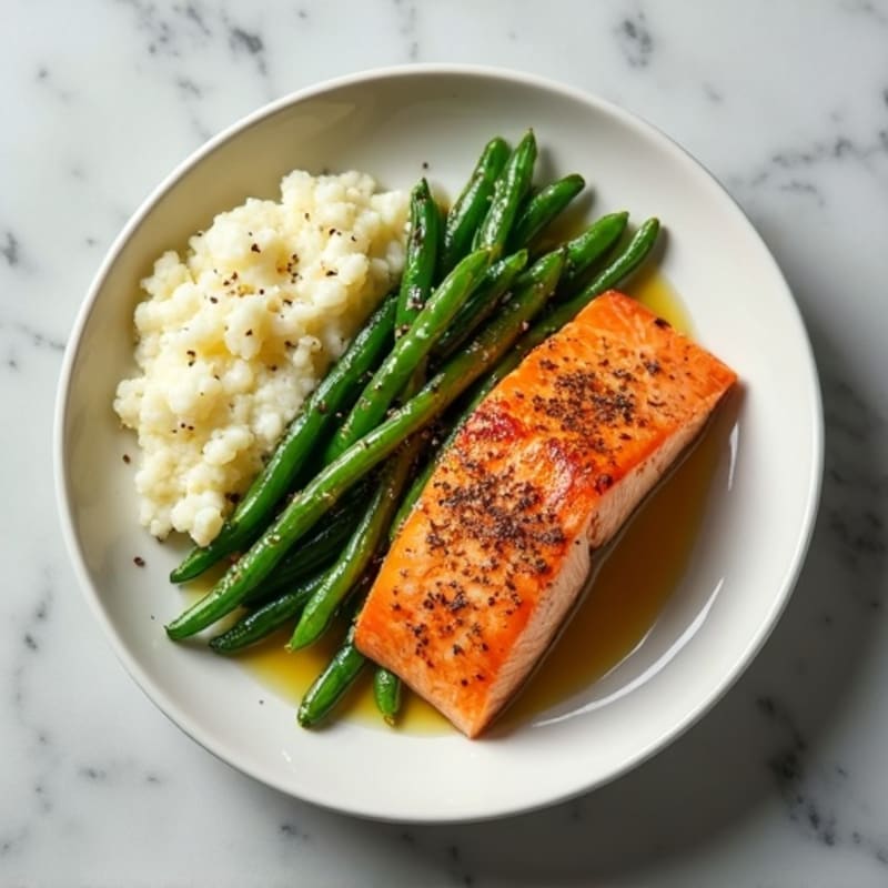 Seared Salmon with Garlic Green Beans and Cauliflower Mash