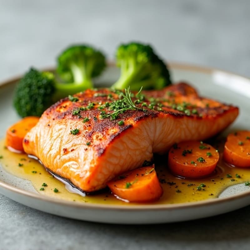 Seared Salmon with Roasted Sweet Potatoes and Broccoli