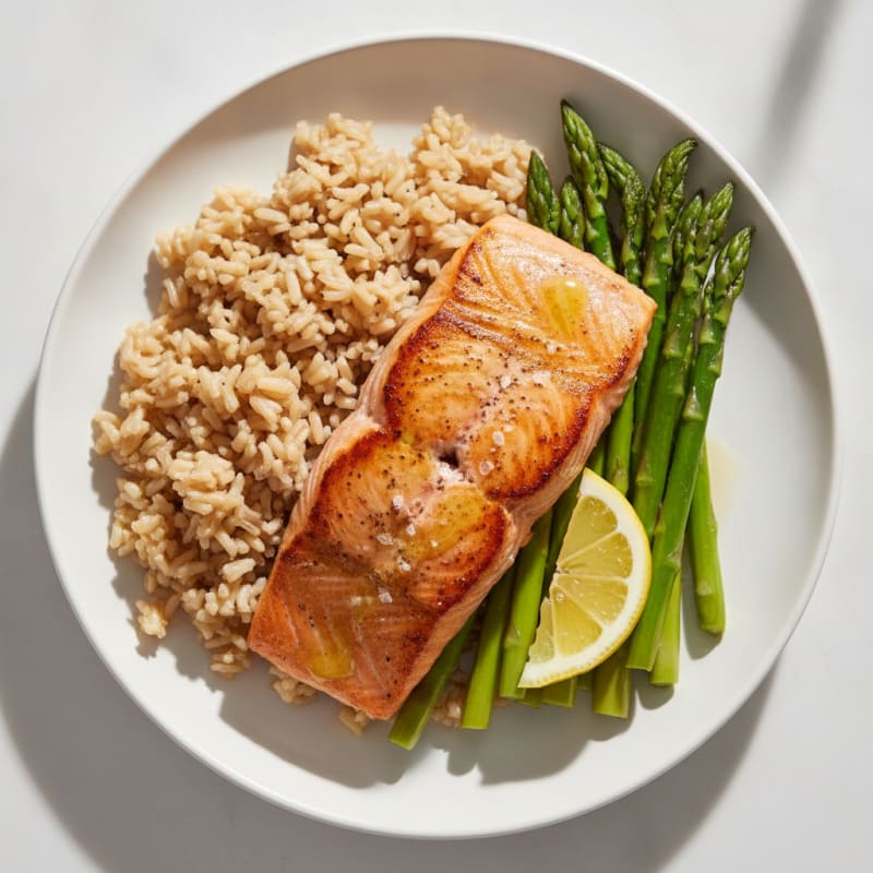 Seared Salmon Fillet with Steamed Asparagus and Brown Rice