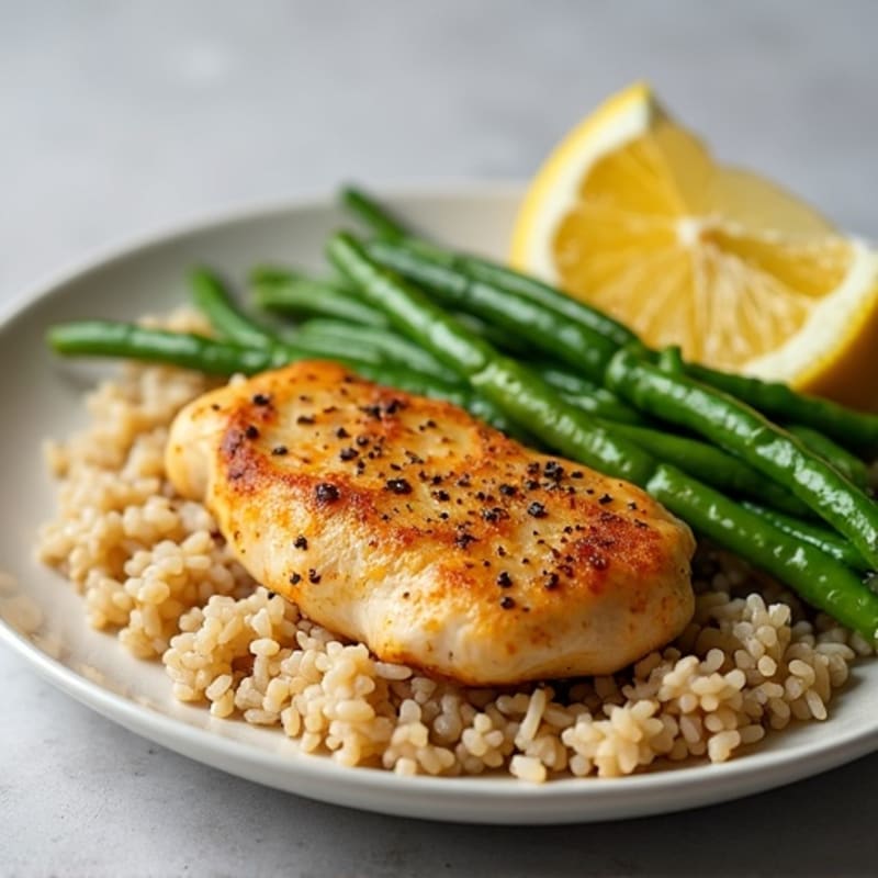 Pan-Seared Lemon Chicken with Brown Rice and Crispy Green Beans