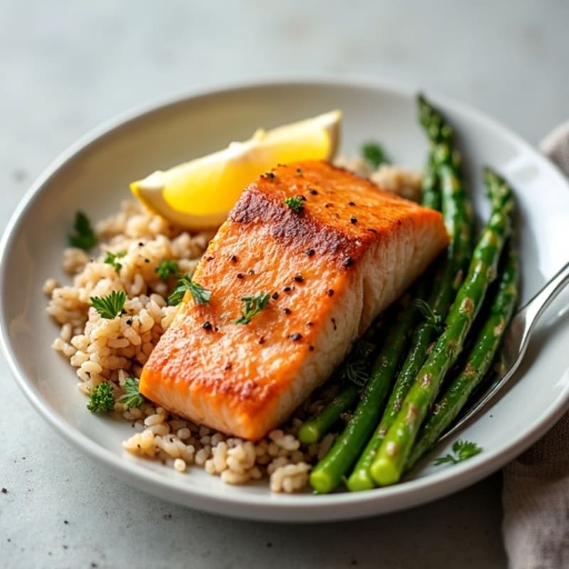 Seared Salmon with Steamed Asparagus and Brown Rice