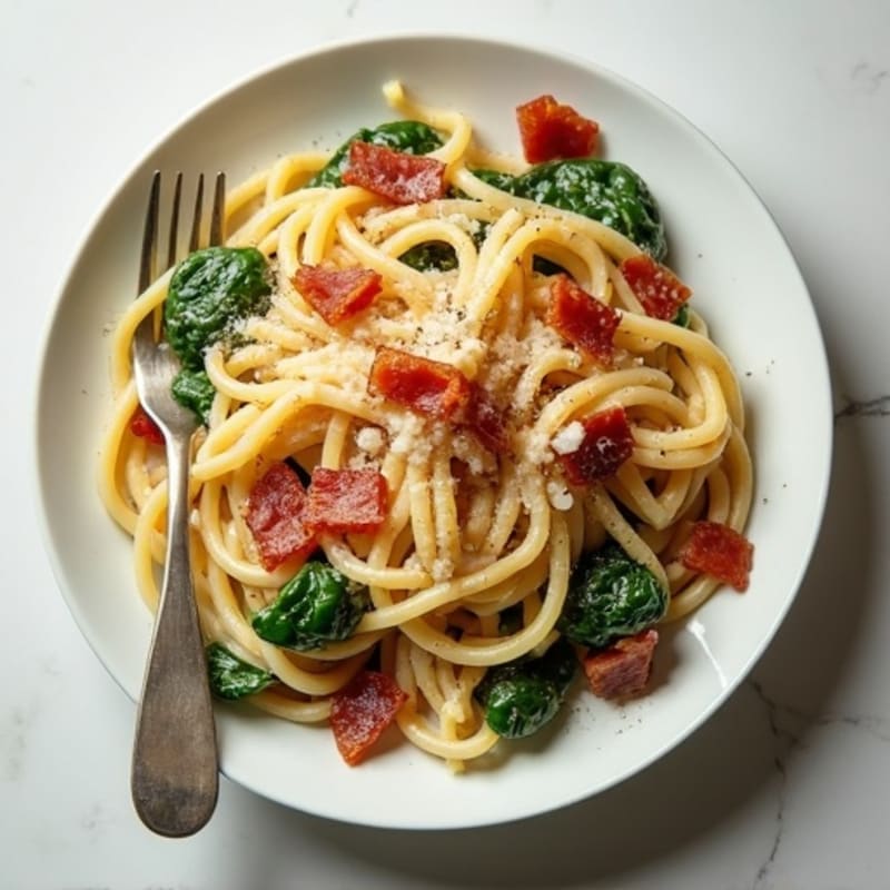 Creamy Whole Wheat Carbonara with Crispy Turkey Bacon and Fresh Spinach