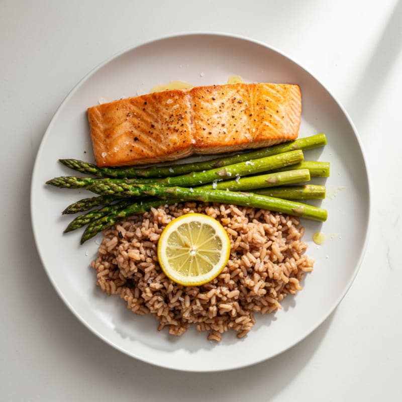 Seared Salmon with Roasted Asparagus and Brown Rice
