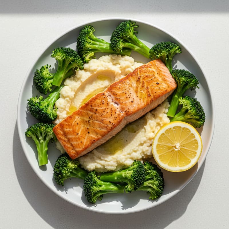 Seared Salmon with Steamed Broccoli and Garlic Cauliflower Mash