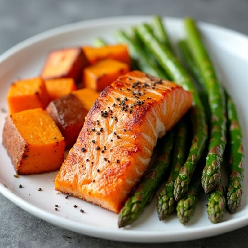 Seared Salmon with Roasted Sweet Potato and Asparagus