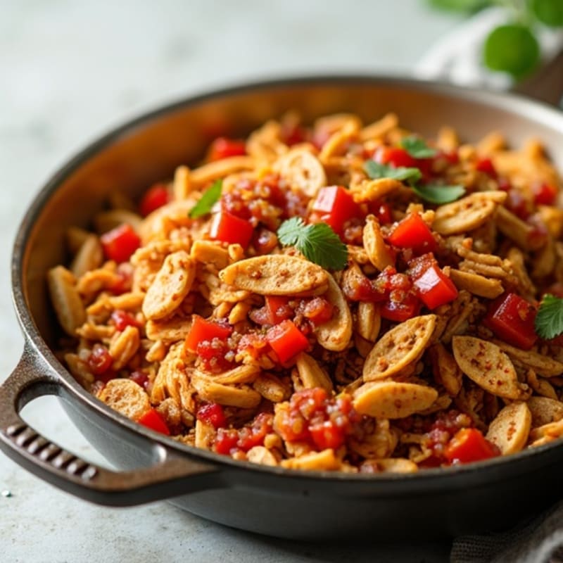Shredded Chicken and Crispy Tortilla Skillet with Smoky Red Salsa