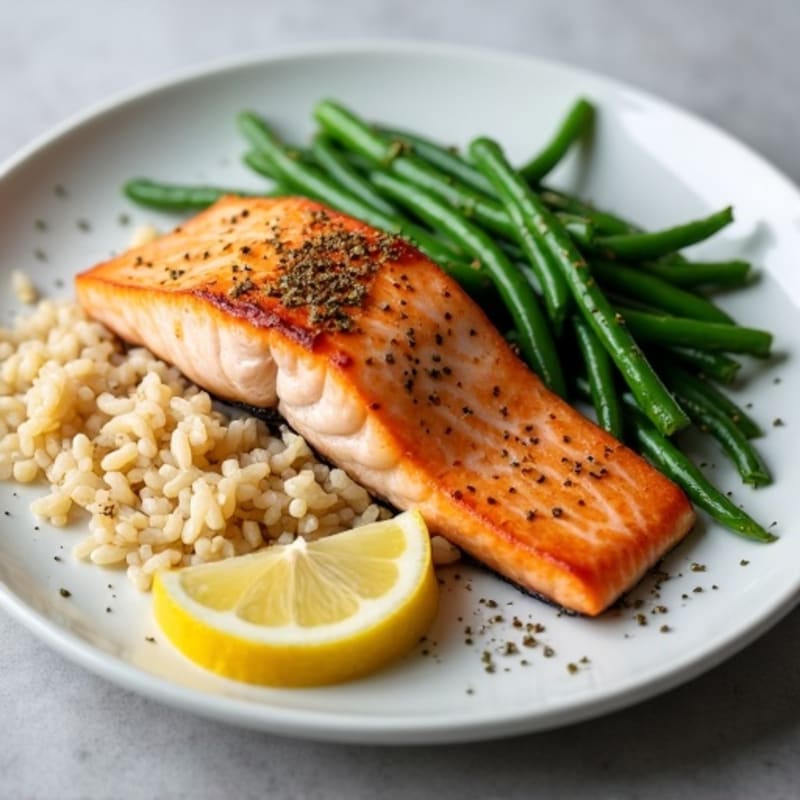 Seared Salmon with Garlic Green Beans and Steamed Brown Rice
