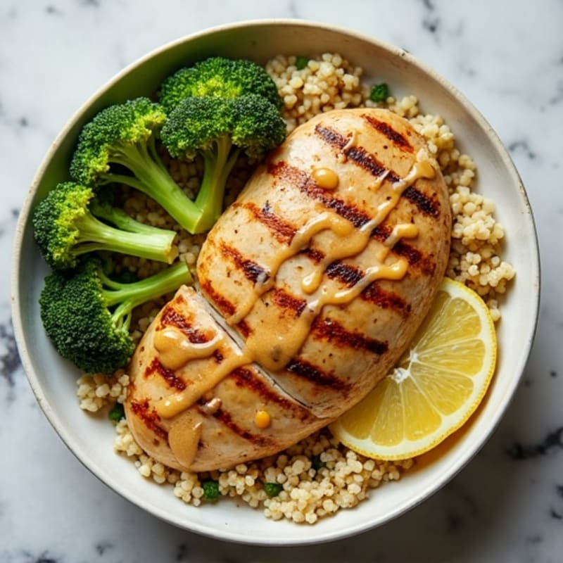 Grilled Chicken and Quinoa Bowl with Roasted Broccoli and Lemon Tahini Drizzle