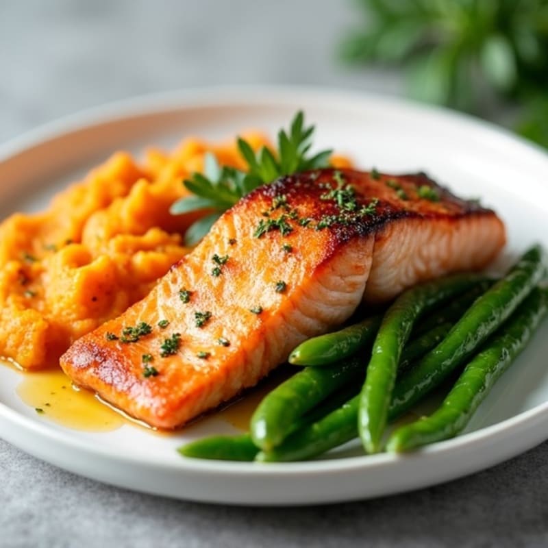 Seared Salmon Fillet with Garlic Green Beans and Sweet Potato Mash