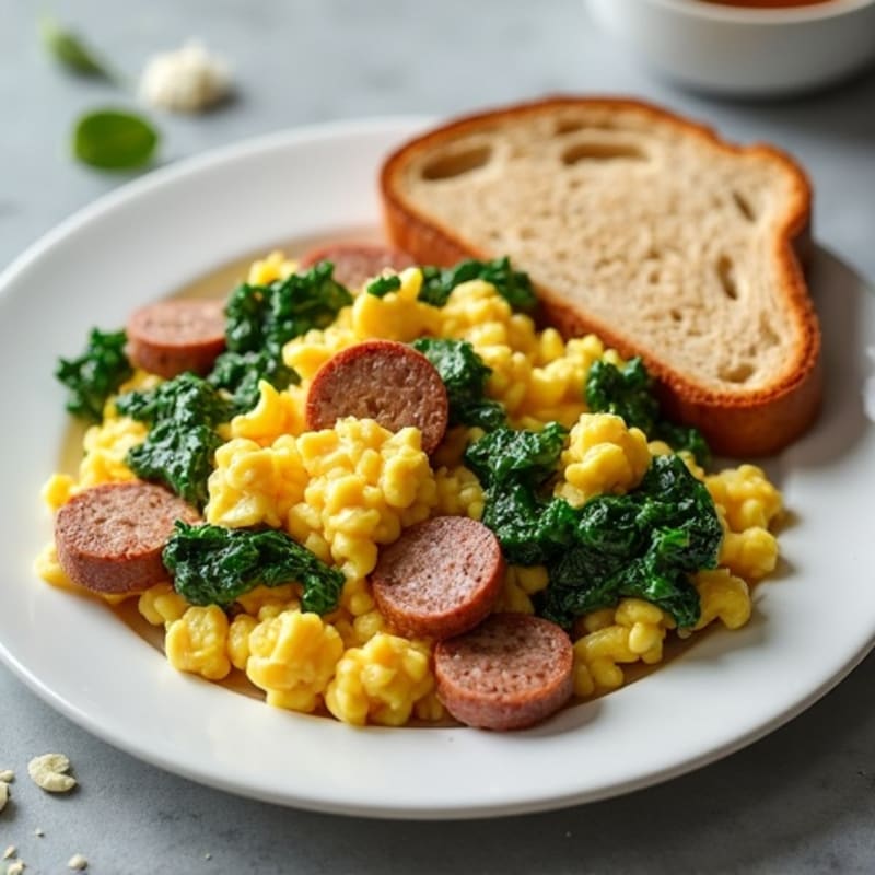 Egg White and Turkey Sausage Scramble with Sautéed Spinach