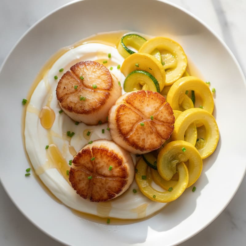 Protein Vanilla Yogurt with Scallops and Sautéed Squash