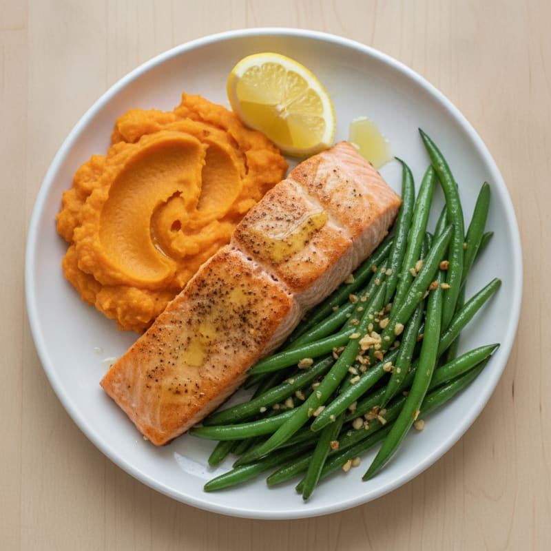 Seared Salmon with Garlic Green Beans and Sweet Potato Mash