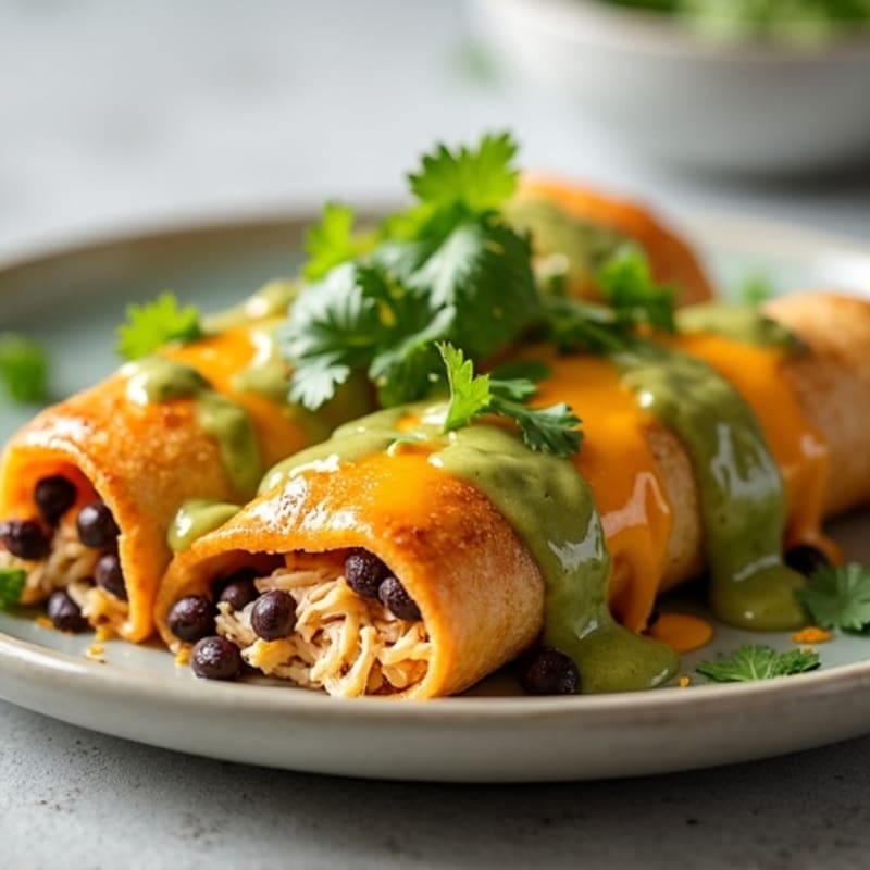 Baked Shredded Chicken Enchiladas with Zesty Green Chili Sauce
