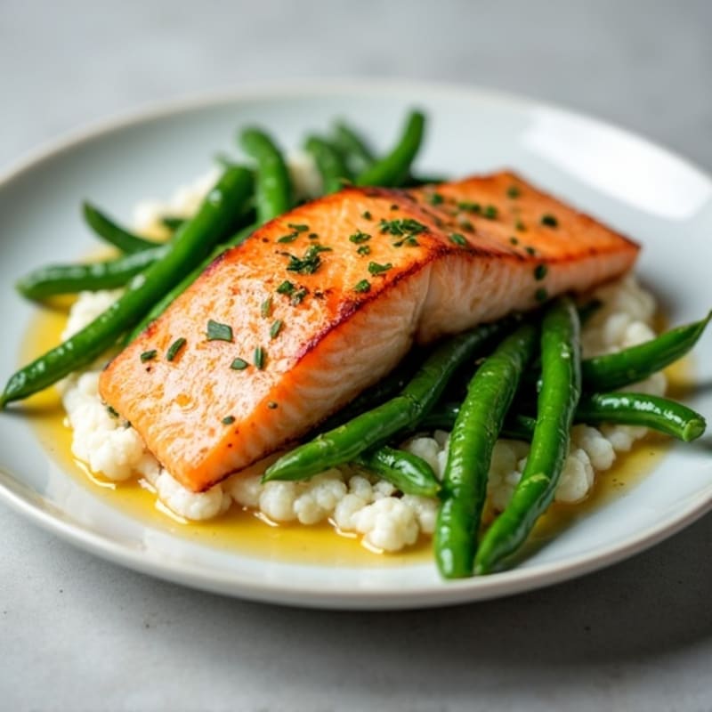 Seared Salmon with Garlic Green Beans and Cauliflower Mash