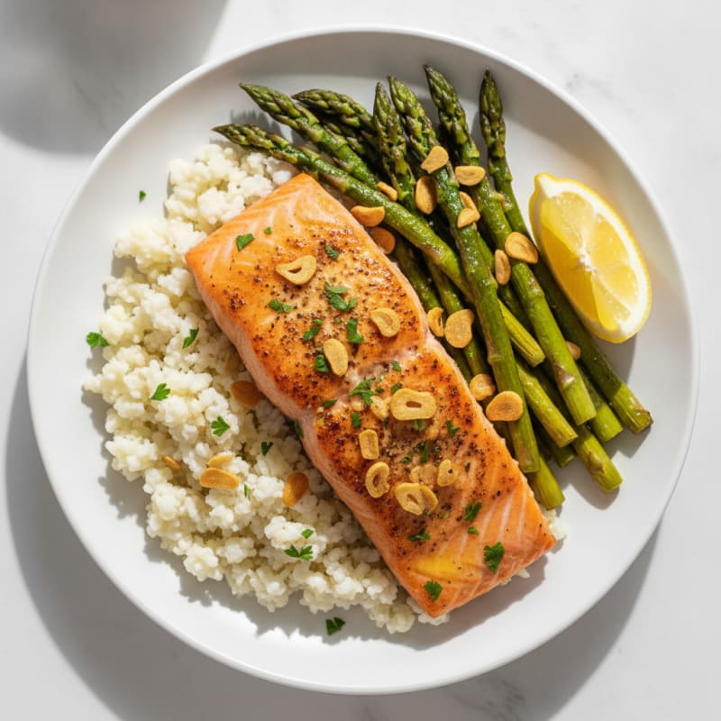 Seared Salmon with Roasted Asparagus and Cauliflower Rice