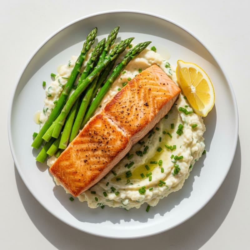 Seared Salmon with Steamed Asparagus and Herb-Cauliflower Mash