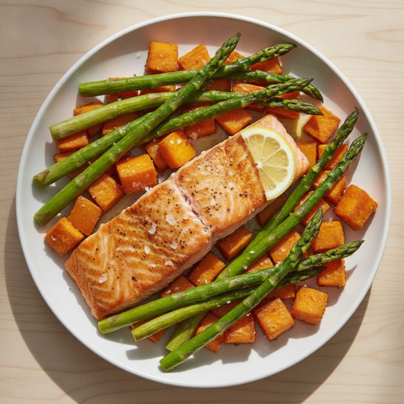 Pan-Seared Salmon with Roasted Sweet Potato and Asparagus