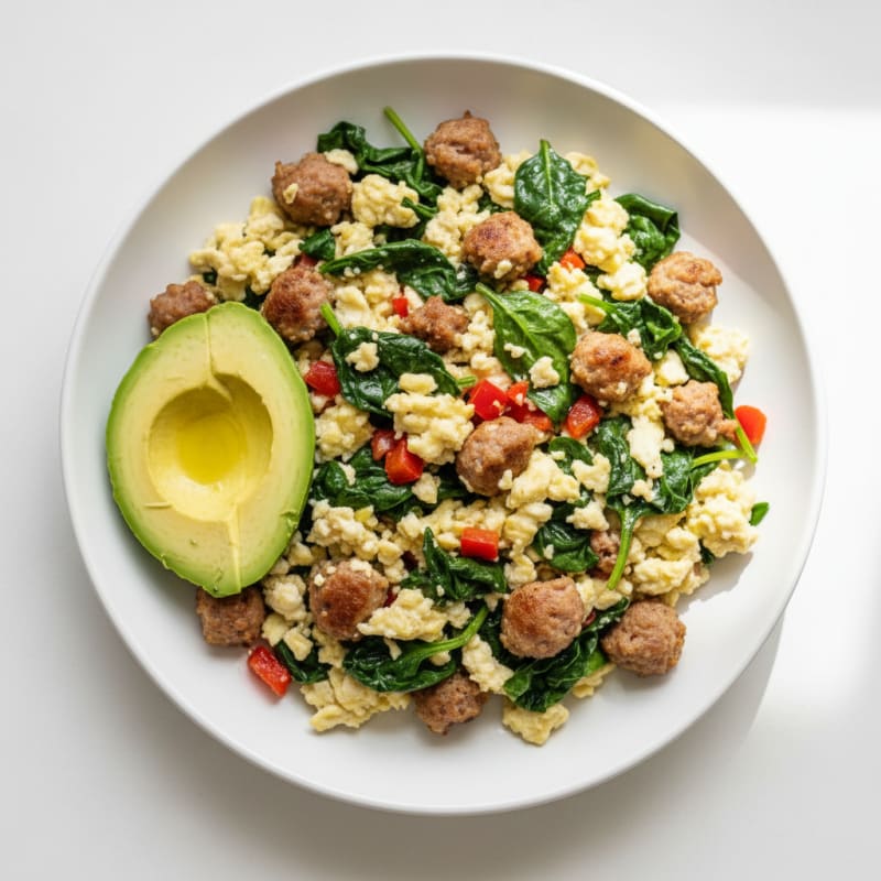 Egg White and Turkey Sausage Scramble with Sautéed Spinach