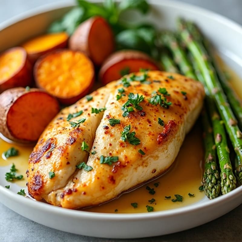 Sheet Pan Lemon Herb Chicken with Roasted Sweet Potatoes and Asparagus