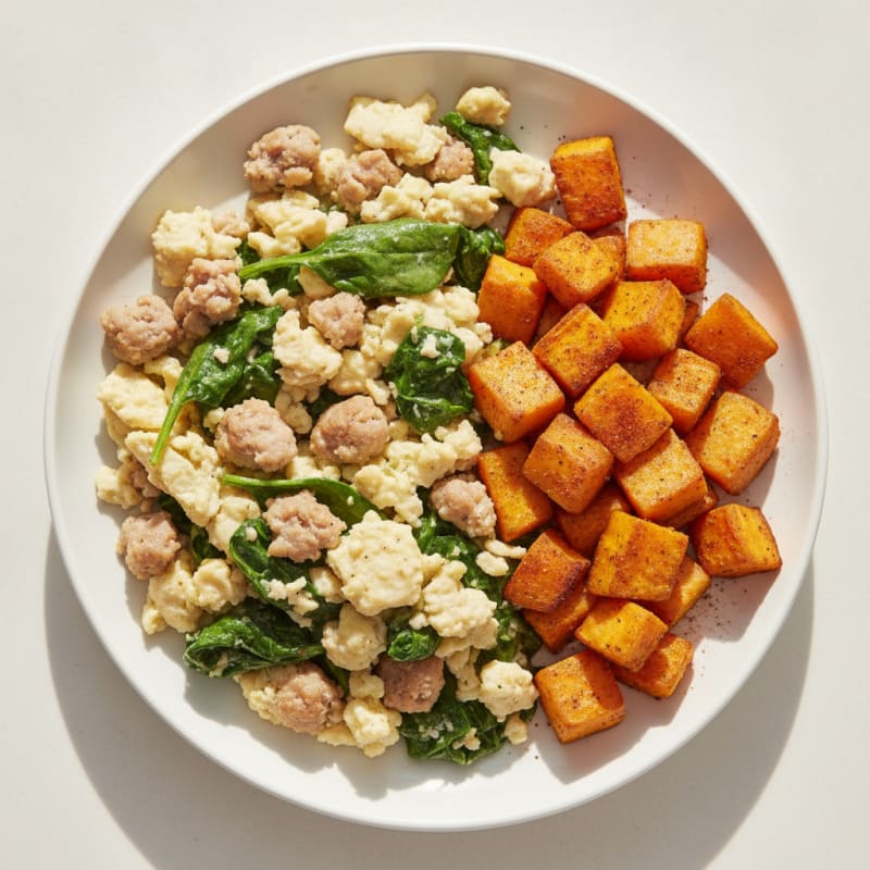 Egg White and Turkey Sausage Scramble with Spinach and Roasted Sweet Potato