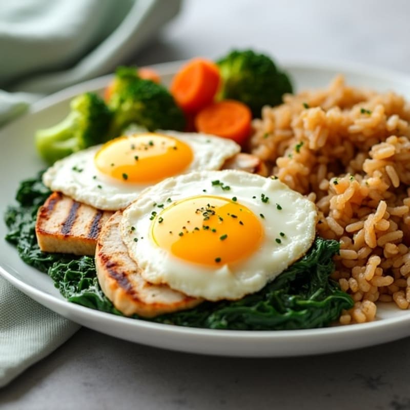 Scrambled Egg Whites with Grilled Chicken and Sautéed Spinach with Brown Rice and Steamed Broccoli-Carrots