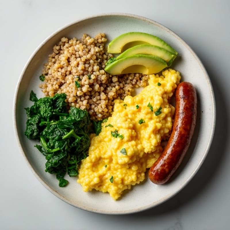 Egg White Scramble with Turkey Sausage and Sautéed Spinach