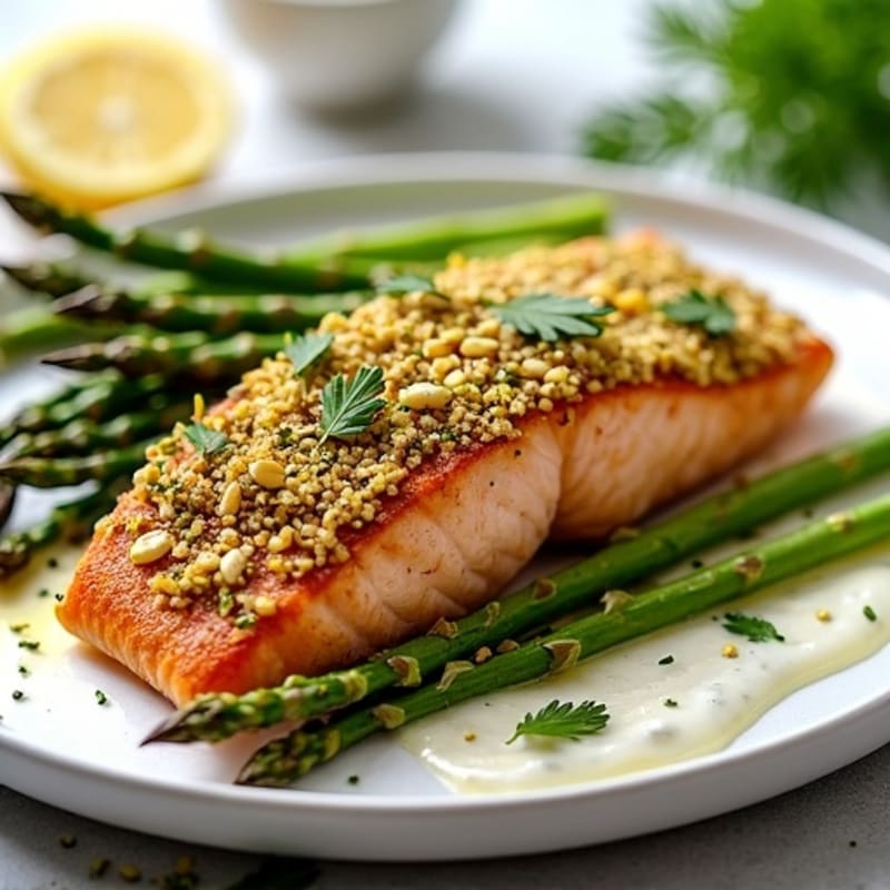 Crispy Pistachio Crusted Salmon with Roasted Asparagus and Lemon Dill Sauce