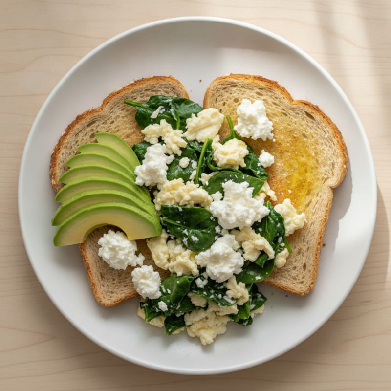 Egg White and Spinach Scramble with Cottage Cheese and Toast