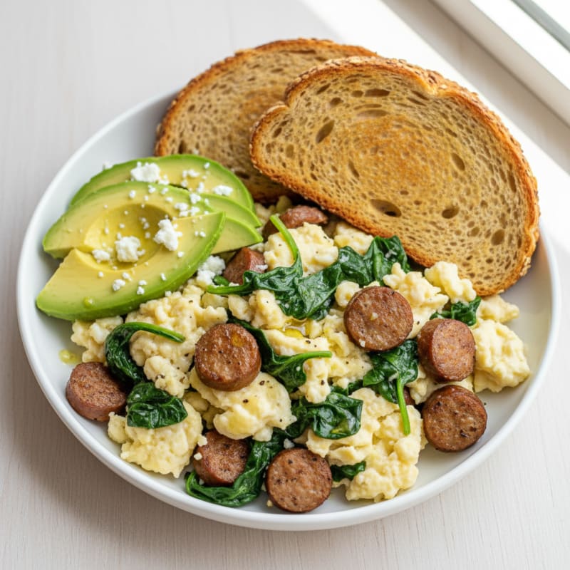 Egg White and Spinach Scramble with Turkey Sausage