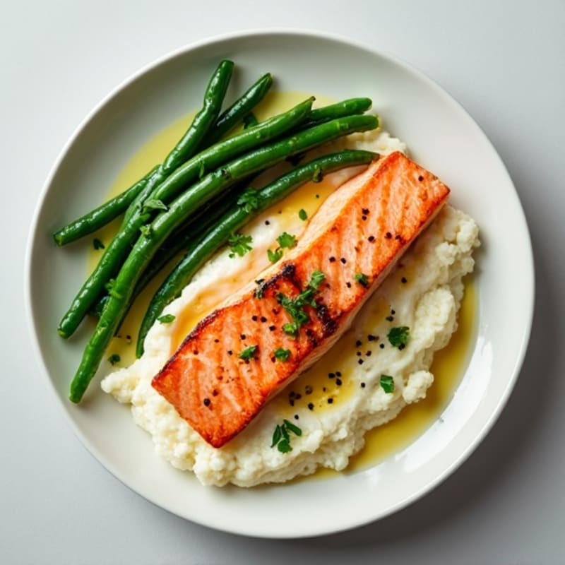 Seared Salmon with Steamed Green Beans and Cauliflower Mash