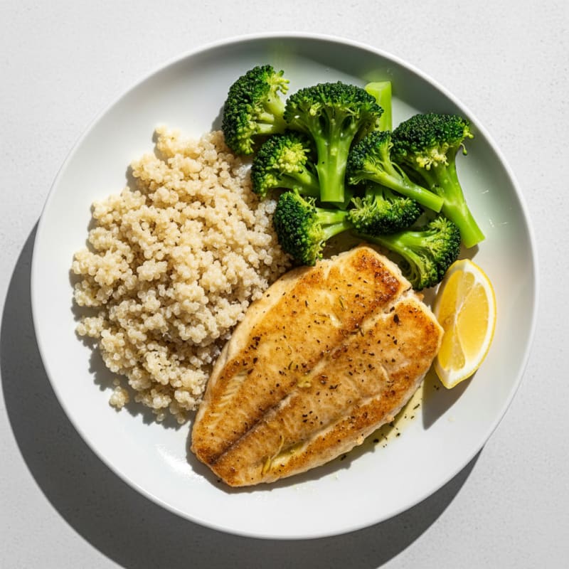 Seared Tilapia with Steamed Broccoli and Quinoa