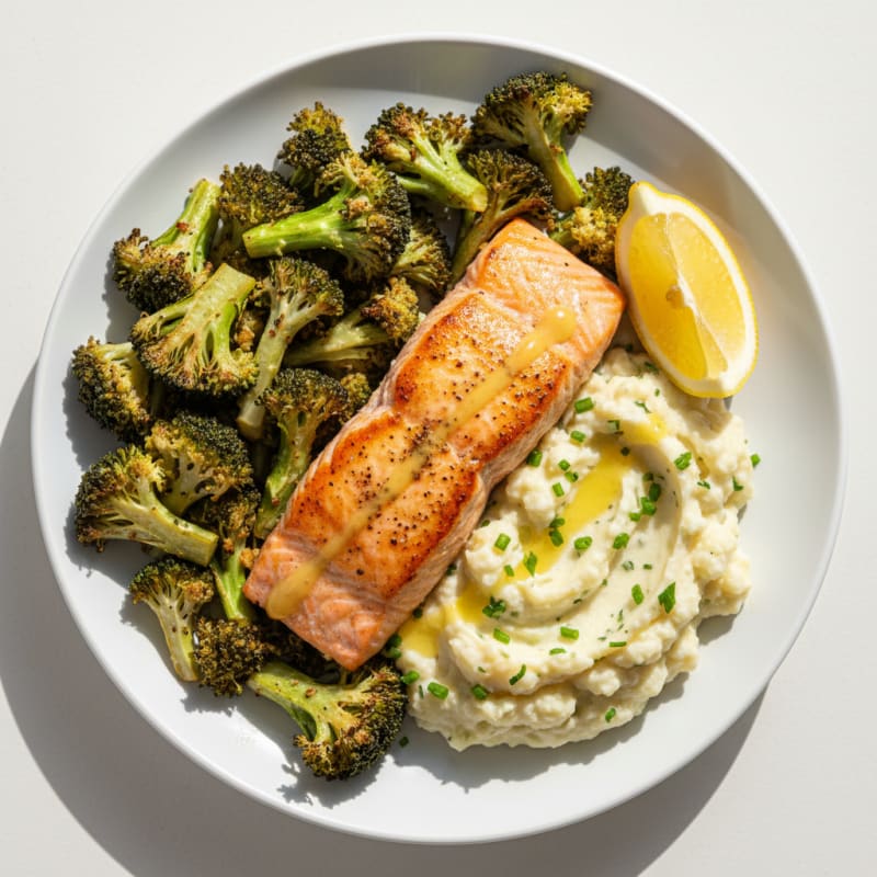 Seared Salmon with Roasted Broccoli and Garlic Mashed Cauliflower